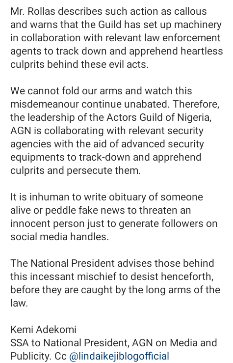 Actors Guild of Nigeria (AGN) issues warning to initiators of fake death news, cyber attacks and threats to star actors on social media, Actors Guild of Nigeria (AGN) issues warning to initiators of fake death news, cyber attacks and threats to star actors on social media, INFINITY LOADED
